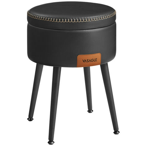 EKHO Collection - Pouf de Rangement, Tabouret de Coiffeuse, PU avec Coutures, Moderne Mi-siècle, Tabouret de Rangement Rond avec Pieds en Acier, Capacité 150 kg, Noir d'Encre