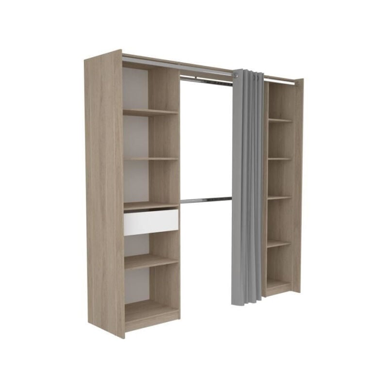 Kit Dressing - 2 Colonnes - 1 tiroirs - 10 étageres - Décor Chene dakota blanc - 198 x 200,3 x 50 cm - garance - Ekipa