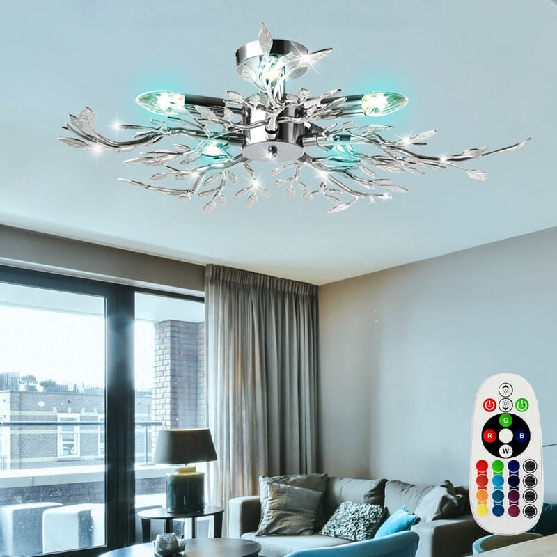 

El control remoto del atenuador de la sala de estar de la lámpara de techo deja la luz en un conjunto que incluye bombillas LED RGB