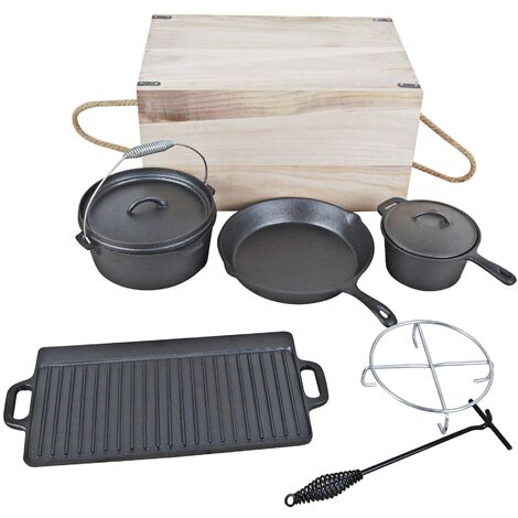EL Fuego Assortiment de poêles, casseroles et grille nervurée en fonte, avec coffret en bois - 7 pièces