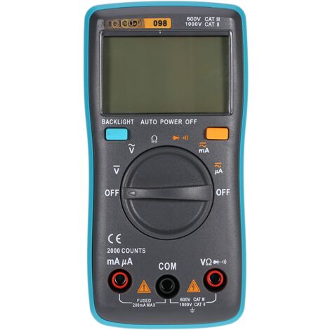 El multímetro LCD RICHMETERS RM098 mide voltaje, corriente y resistencia CA/CC, comprueba la continuidad y los diodos, e incluye identificación automática de polaridad.