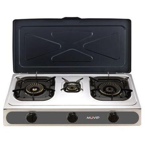 El producto es una parrilla de acero inoxidable con encendido piezoeléctrico. Cuenta con un quemador de hierro fundido de alta calidad y quemadores de