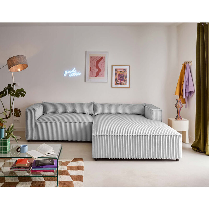 Lisa Design - Ela - canapé d'angle droit - 4 places - en velours côtelé grosses côtes - gris clair