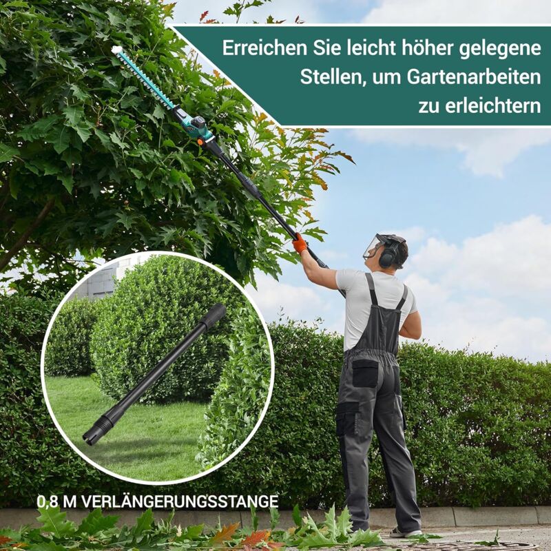 Lagueur sur Perche et Taille Haie Télescopique sans Fil, Batterie Li-ION 20 v 4 Ah/Chargeur, Poignée Principale Orientable, Tête Inclinable, Portée 4
