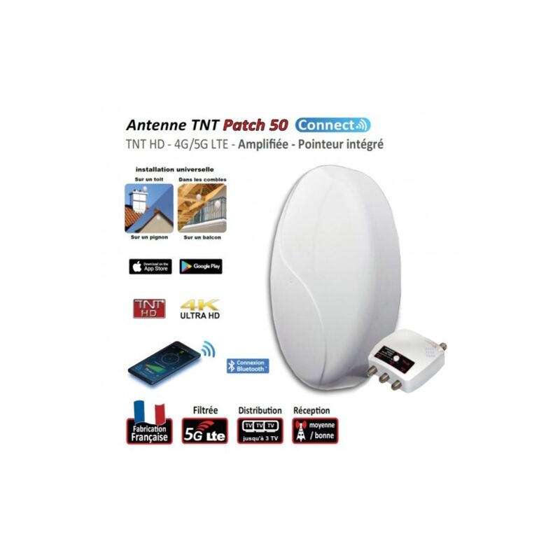 Antenne tv tnt extérieure blanc uhf Elap Patch 50 hd Connect 4G 5G lte 700 3 sorties, alimentation amplificateur intégré gain 50 dB