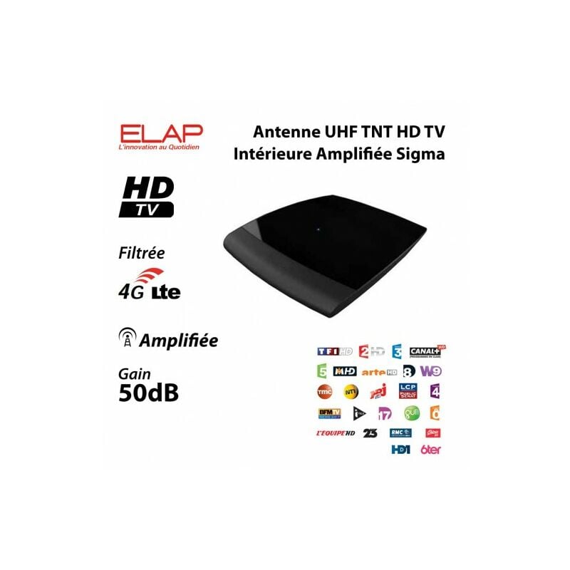 Antenne uhf tnt hd tv Intérieure Amplifiée Elap Sigma - Très Haut Gain 50 dB, Amplificateur intégré, Bande passante filtrée 4G