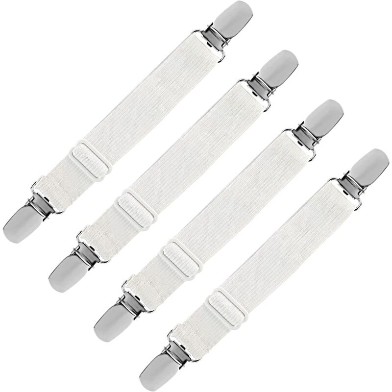 Elastic Fitted Sheet Straps, Adjustable Strap Fastener for Bed Sheet, Sofa, Ironing Cover (White, 4 Pack)