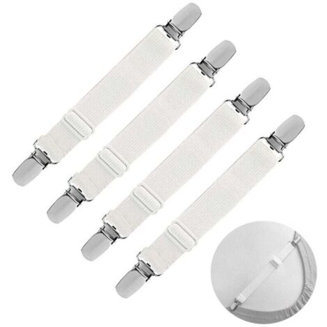 Élastique de fixation pour drap housse, tendeur ajustable avec sangle de maintien – Lot de 4 en blanc – Pour lit, canapé ou housse à repasser – OUYLAF