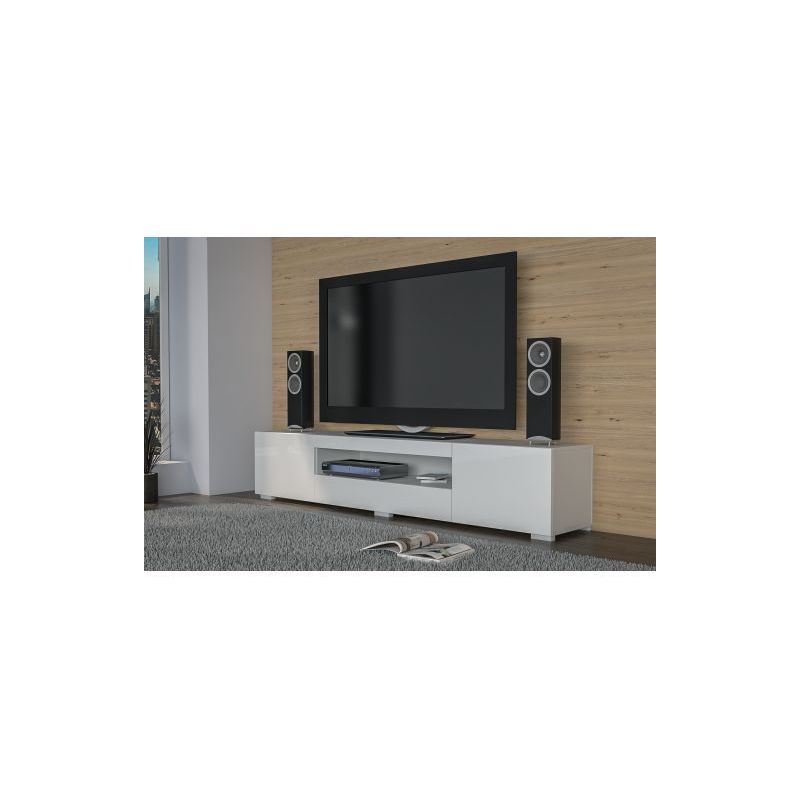 ELBA - Meuble bas TV contemporain gloss 200x40x36 salon/séjour niche 3 portes - Rangement moderne matériel télé/audio/video/gaming - Blanc Brillant