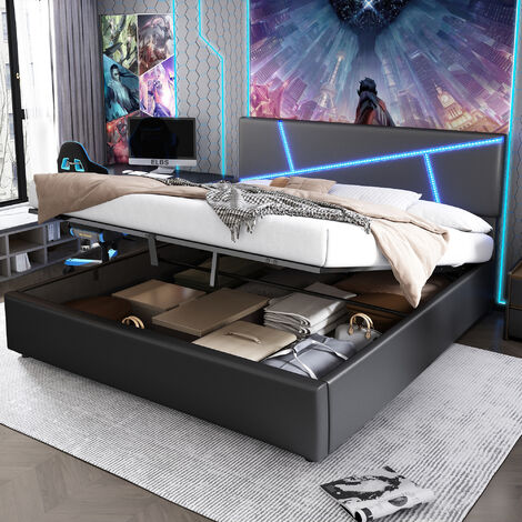 ELBS Polsterbett, 160 x 200 cm, mit LED Beleuchtung, Stauraumbett, Hydraulisch Boxspringbett mit Bettkasten, Lattenrost, Bezug aus Kunstleder, Schwarz