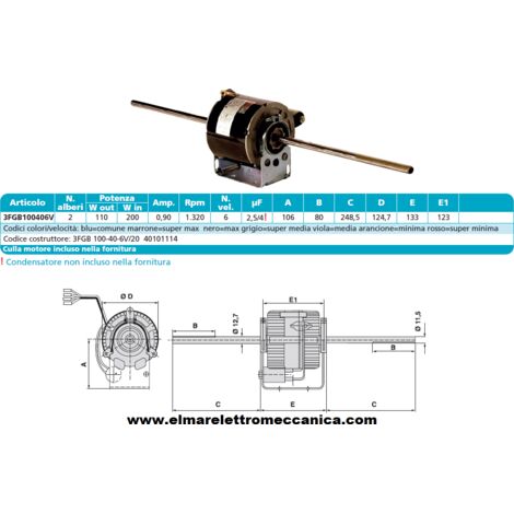 ELCO 3FGB 100-40-6V/20 Motore 200 W BIALBERO 6 Velocità aspiratore Fan Coil