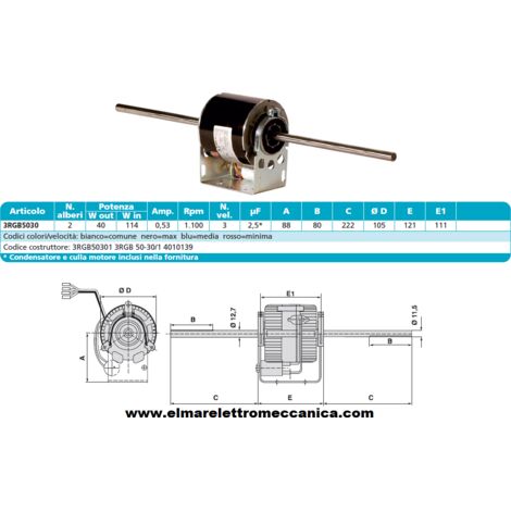 ELCO 3RGB 50-30/1 Motore 114 W  BIALBERO 6 Velocità aspiratore Fan Coil