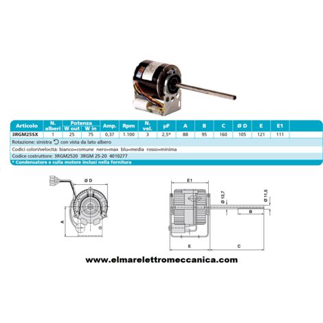 ELCO 3RGM 25-20 Motore 75 W MONOALBERO 3 Velocità aspiratore Fan Coil