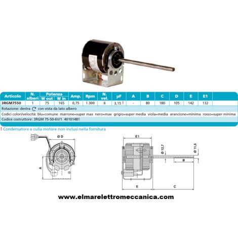 ELCO 3RGM 75-50-6V/1 Motore 165 W MONOALBERO 6 Velocità aspiratore Fan Coil