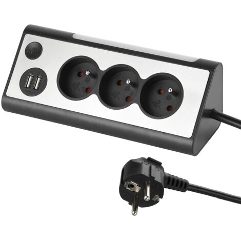 Electraline 35430, Blocco multipresa angolare, 3 prese, 2 porte USB interruttore ON/OFF per spegnere/accendere il LED, cavo 1,5 m, grigio/nero
