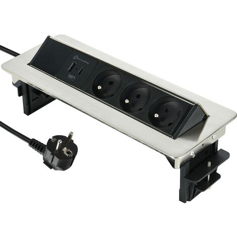 Electraline 35445 - Blocco multipresa retrattile, piano di lavoro con 3 16 A, standard francese + 2 3,1 A + 1 USB tipo C 15,5 W, presa da incasso per cucina, cavo 2 m, nero, orizzontale