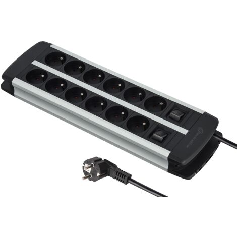 Electraline 35447 - Blocco multipresa Alu-Line, 12 prese con corpo in alluminio, cavi H05VV-F 3G1.5mm, lunghezza 2M, 2 interruttori (1 x 6 prese), con protezione da sovraccarico