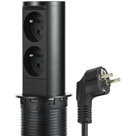 Electraline 35464 - Blocco multipresa a scomparsa, 2 francesi, diametro standard, presa da incasso per cucina, ufficio, corpo in acciaio inossidabile nero, verticale D.60 mm