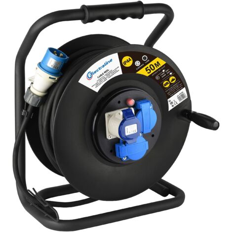 Electraline 49058 Prolunga in Gomma 3G1.5 mm² con Avvolgicavo, 2 Prese Industriali IEC e 1 Schuko Spina a 3 Poli Adatto per Camper, Campeggio, Caravan, Barca, Cantiere, Nero, 50 m