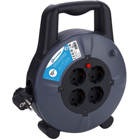Electraline 49079 - Avvolgicavo H05VV-F 3G1,5 10 m IP20 per interno/interno con 4 prese Schuko/cavo con cavo di prolunga/avvolgitubo con manovella, colore: Nero