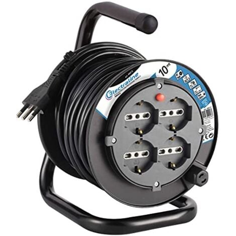 Electraline 49212 prolunga elettrica con avvolgicavo 10M 4 prese polivalenti P40 (Schuko + 10/16A), spina grande 16A, con protezione