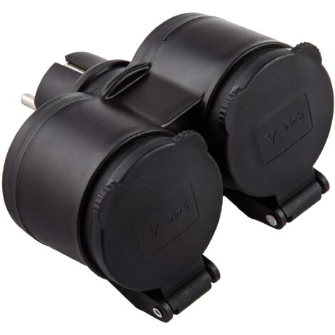 Electraline 55074 Adattatore da Esterno 2 prese Schuko, Resistente all'acqua IP44, Spina tedesca, Multipresa 2 posti schuko con tappo, Nero