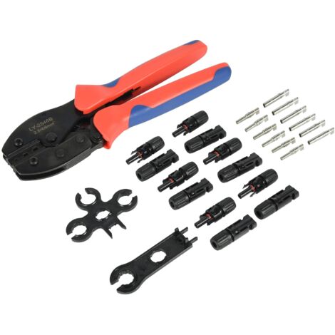 Electraline 59232 Kit pinza e connettori per pannelli fotovoltaici, pinza crimpatrice solare per cavi con sezione 2.5-4-6mm, 6 connettori completi MC4 (mascio+femmina+terminale), 2 chiavi, e borsa zip