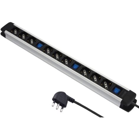 Electraline 61900, Multipresa Alu-Line 9 Posti Polivalenti (Schuko+10/16A) e 3 Interruttori Luminosi (3 Prese per Interruttore), 2M, con Corpo in Alluminio, Argento/Nero