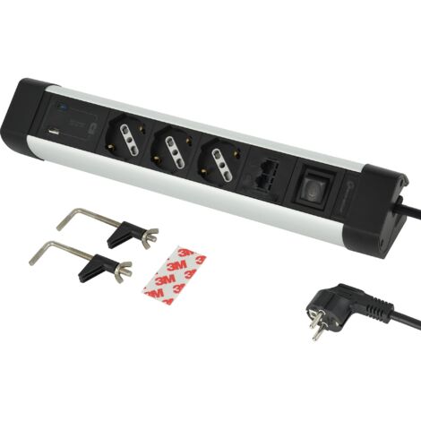 Electraline 61923 Multipresa Scrivania 3 Posti Polivalenti P40, Schuko + 10/16 A, Con USB A 3.0A e USB C PD20W Power Delivery, 2 RJ45, Cavo H05VV-F 3G1.5 2M