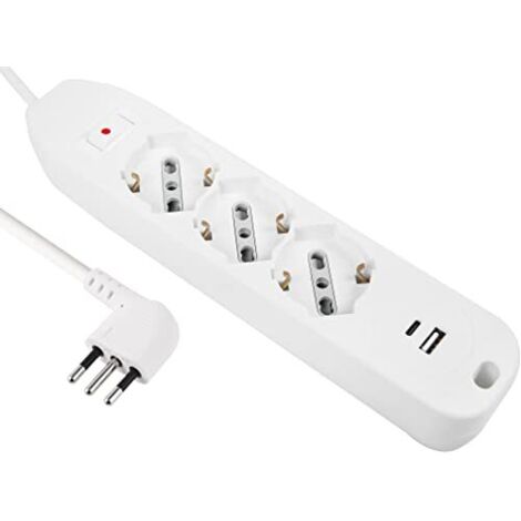 Electraline 61991 Multipresa 3 Posti P40 Polivalenti + 2 USB (1 Tipo A + 1 Tipo C) 17W con interruttore con Protezione da Sovracorrente, Spina Piccola Italiana 10A Salvaspazio, Cavo 1,5M