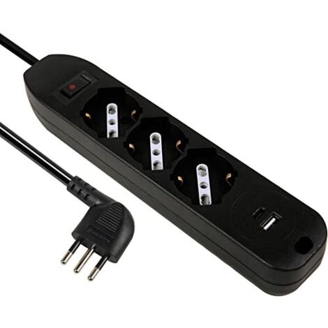 Electraline 61992 Multipresa 3 Posti P40 Polivalenti + 2 USB (1 Tipo A + 1 Tipo C) 17W con interruttore con Protezione da Sovracorrente, Spina Piccola Italiana 10A Salvaspazio, Cavo 1,5M