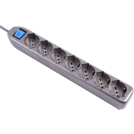 Electraline 62015 Multipresa 7 Posti Polivalenti con Interruttore e Cavo, Argento, 1.5 m