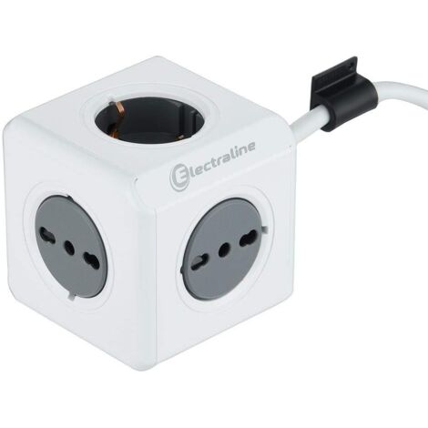 Electraline 62044 Multipresa Cubo Powercube 5 posti 2 Schuko + Spina Italiana, 3 Bivalenti 10/16A Italiane, Colore Bianco, Cavo 1,5M