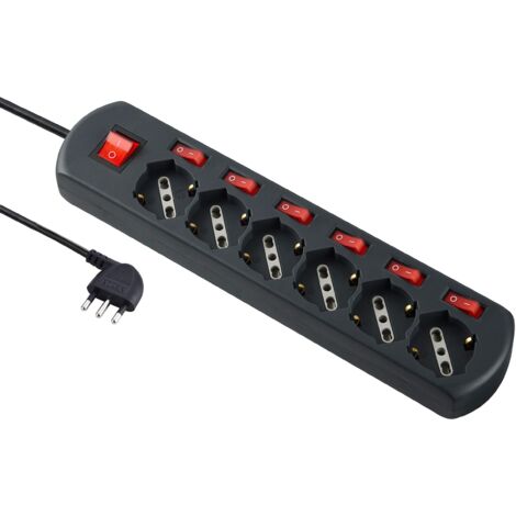Electraline 62051 Multipresa 6 Posti Polivalenti Generale, 6 Interruttori Indipendenti, 6 Prese Universali, Cavo di 1.5 m, Nero