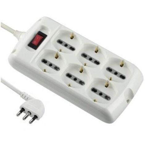 Electraline 62060 Multipresa 6 Posti Polivalenti Schuko + 10/16A con Interruttore e Cavo, Bianco, 1.5 m