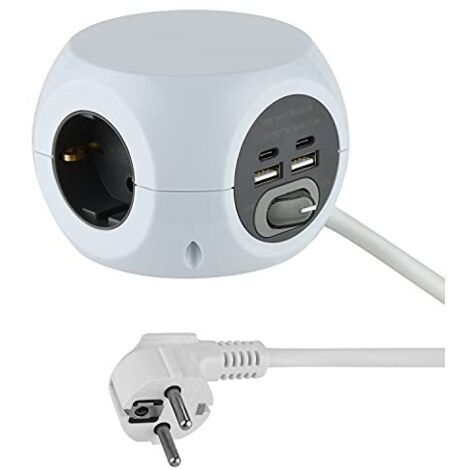 Electraline 62078 Ciabatta mini cube a 3 vie con 4 17 W (2 di tipo C compatibili con la più recente tecnologia+2 USB A 3.4A Q.C) con interruttore, cavo da 1,5 m