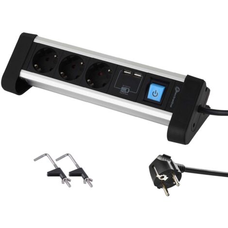 Electraline - 62553, Ciabatta multipla per tavolo da lavoro, con 62553 prese Schuko + 3 porte USB 2,4 A, 2 m, fissaggio con 2 supporti inclusi, cavo H05VV-F 3G 1,5 mm, interruttore On/Off