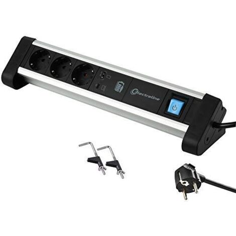 Electraline - 62556, Ciabatta di alimentazione multipla per ufficio, con 3 prese Schuko + 2 porte USB 60 W (1 Tipo C (Power Delivery) per la ricarica dei computer + 1 USB 3,0 A ricarica rapida),