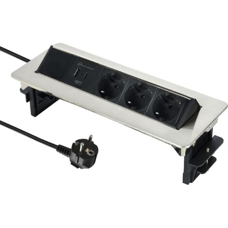 Electraline 62570 Presa retrattile da tavolo/scrivania, presa integrata, 3 prese Schuko, 2 USB 3.1A (1 tipo A 1 tipo C compatibile con le ultime tecnologie), 15,5 W, cavo da 2 m, sable