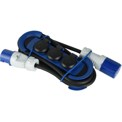 Electraline 62574 Multipresa Outdoor con Spina CEE, 1 Presa CEE + 3 Prese Schuko con tappo IP44, appendibile con 2 Ganci + Elastici Fermacavo, Cavo in gomma 3M, H07RN-F 3G2.5, Campeggio, Caravan, Blu