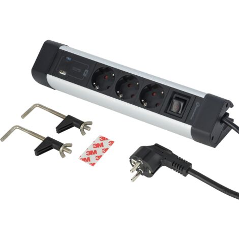 Electraline 62581 Ciabatta elettrica in alluminio per scrivania 3 prese + 3 USB (2 USB A 3.0A QC + 1 USB C PD20W), cavo da 2 m, protezione da sovratensione, multipresa/presa da tavolo