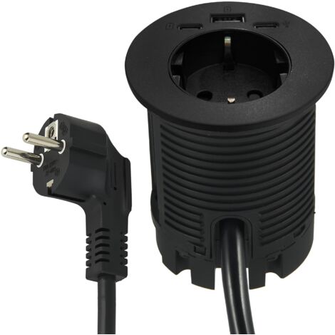 Electraline 62588 Multipresa Scrivania/Presa da Incasso Grommet da Tavolo con Power Delivery 25W 2 USB (1 USB di tipo C+ 1 USB di tipo A) + 1 HUB USB-C 2M, D60mm, 1 Presa Schuko + Spina Schuko
