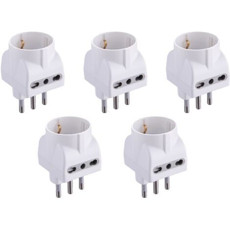 Electraline 92296 Set 5 Adattatori 3 Posti 1 Schuko + 2 Bivalenti 10/16A, Bianco, Confezione da 5