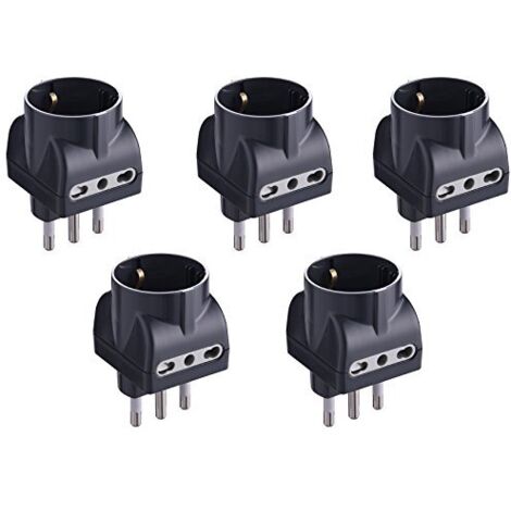 Electraline 92298 Set 5 Adattatori 3 Posti 1 Schuko + 2 Bivalenti 10/16A, Nero, Confezione da 5