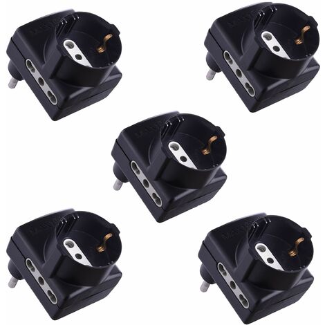 Electraline 92396 Confezione da 5 Adattatori Multipresa con Spina Salvaspazio, Presa Tripla Schuko Bivalente 10/16A, 230 V, Nero
