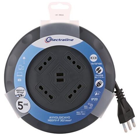 Electraline avvolgicavo ufo design super slim 5 mt 4 prese bivalenti sezione cavo 3g1.5 mm² 49024