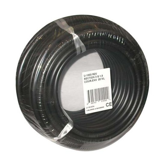 Electraline - Câble rigide U1000 R2V - 3x1.5 mm² - couronne 25 m - noir