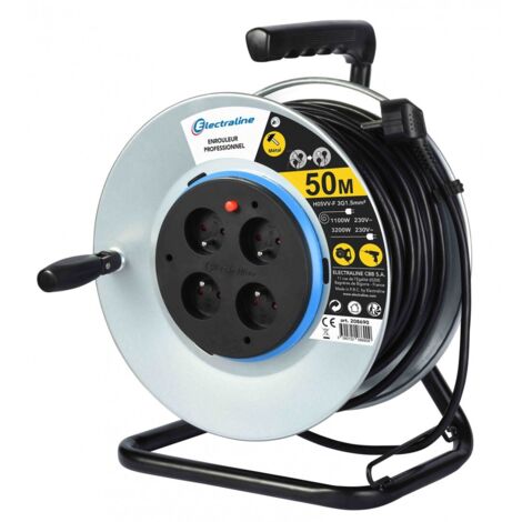 Electraline – Enrouleur électrique 50m 4 prises 16A – Câble H05VV-F 3G1.5mm² – Protection enfant – Platine fixe avec guide câble et poignée ergonomique