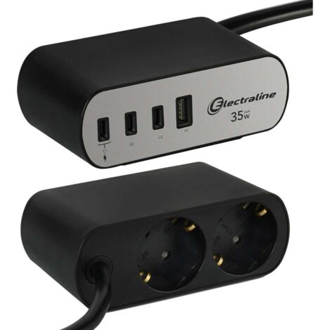 Electraline Multipresa da Scrivania - Nero - 2 Schuko + 4 USB