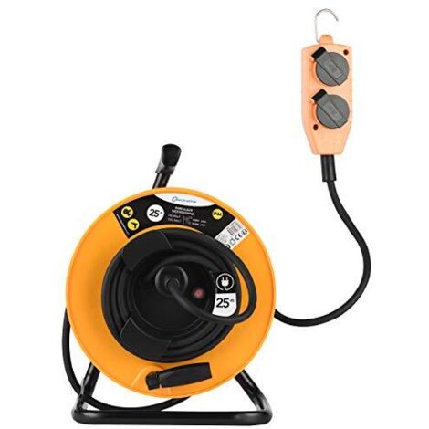 Electraline Pro-Line 208670 - Avvolgicavo elettrico professionale, 3G2,5 mm, 25 m, con blocco a 4 prese mobile, piastra fissa, colore: Giallo/Nero